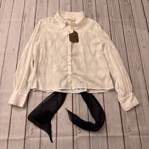 Anthropologie Forever That Girl Floral Jacquard Blouse Silk Bow Top Large